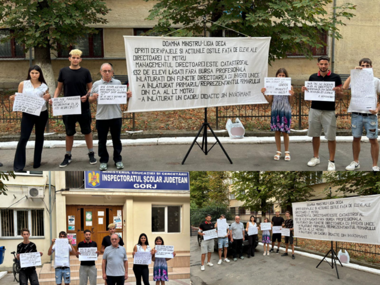 FOTO & VIDEO Protest în scandalul burselor de la Liceul Tehnologic Motru: Elevi și profesori organizează un miting în fața Inspectoratului școlar Gorj și acuză că directoarea refuză de 4 ani să plătească burse restante din 2020