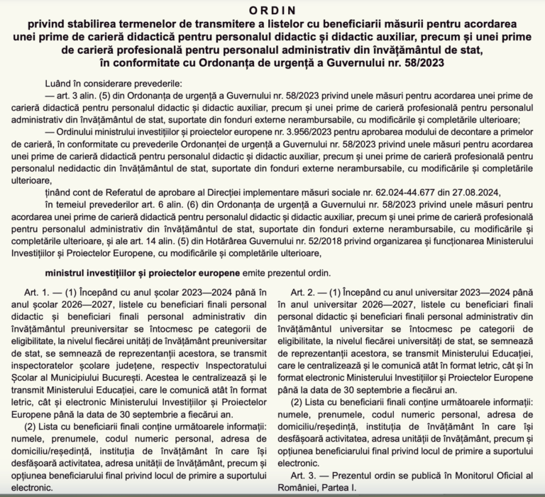 SURSE În octombrie vor primi primele de carieră didactică și profesionale doar angajații din învățământ din anul școlar 2023-2024 /  Până în data de 30 septembrie a fiecărui an, inspectoratele școlare trebuie să trimită listele cu numele beneficiarilor