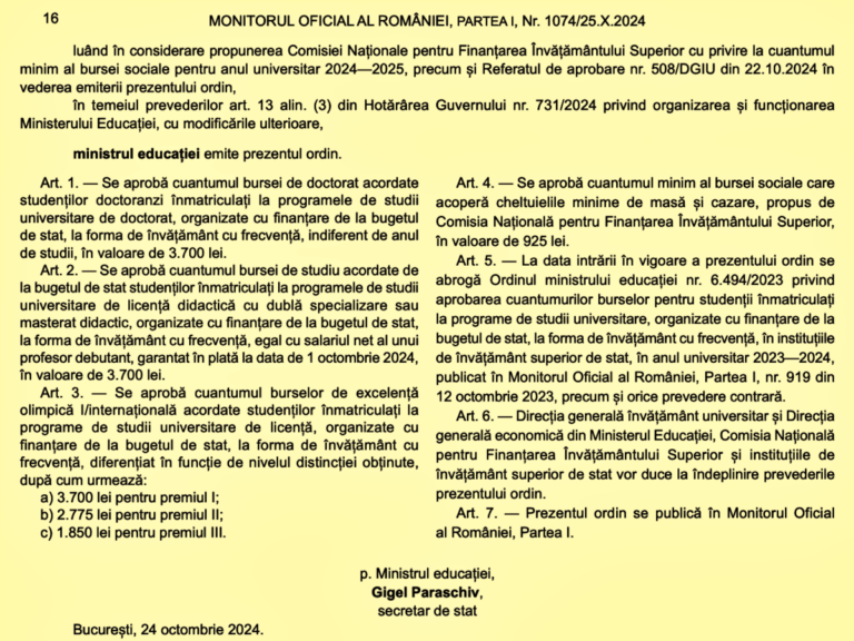 OFICIAL Bursele sociale pentru studenți, mai mari cu 25 de lei în anul universitar 2024-2025 / Universitățile trebuie să aprobe noi cuantumuri pentru burse, după ce Ministerul Educației a mărit sumele în săptămâna dinaintea campaniei electorale