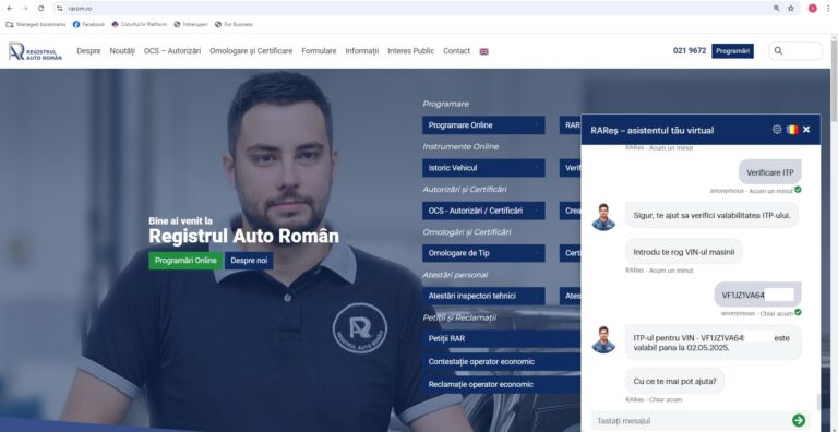 Chatbotul RAReș, disponibil pe site-ul Registrului Auto Român