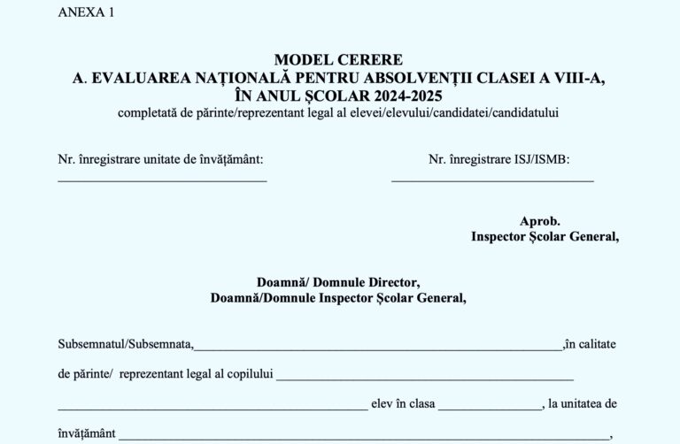 OFICIAL Model cere egalizare de șanse pentru Evaluarea Națională 2025. Părinții trebuie să depună cererea pentru adaptarea condițiilor de examen până pe 17 martie 2025
