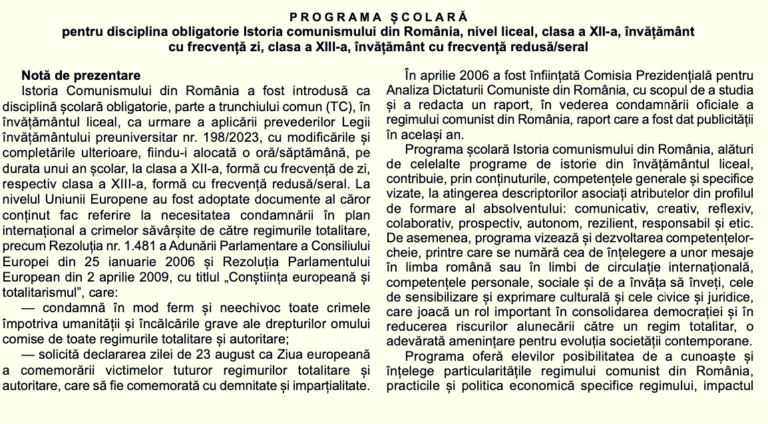 OFICIAL Programa școlară „Istoria comunismului în România”: învățământul ideologizat, supravegherea populației, decretul antiavort, lipsa alimentelor și copiii instituționalizați forțat – printre teme / Profesorii pot organiza dezbateri