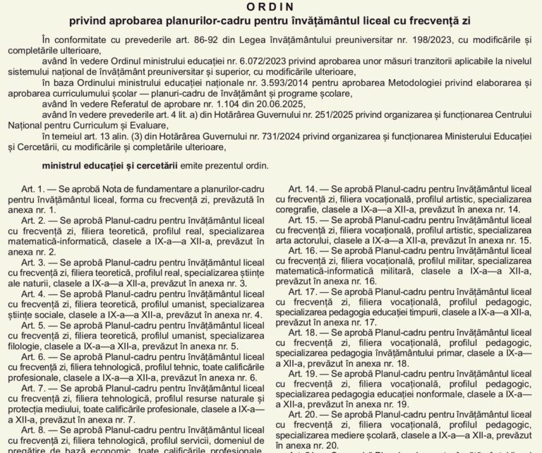 OFICIAL Planurile-cadru pentru liceu, care vor intra în vigoare în septembrie 2026 pentru clasa a IX-a, au fost publicate