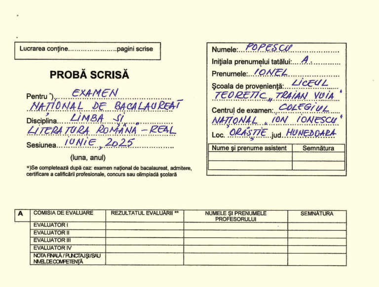 DOCUMENT Bacalaureat 2025. Cum completez corect foaia tip de examen – model și instrucțiuni de la Ministerul Educației și Cercetării