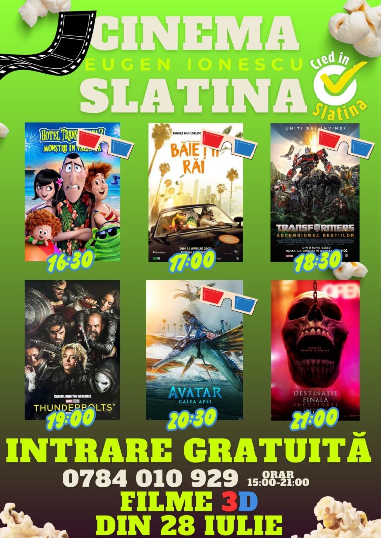 Vara continuă cu FILME 3D și distracție gratuită la Cinema „Eugen Ionescu” din Slatina!