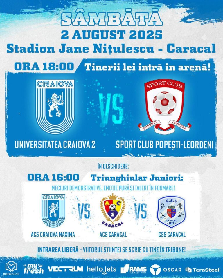 Universitatea Craiova 2 vine la Caracal! Meciuri oficiale și amicale pe Stadionul Jane Nițulescu