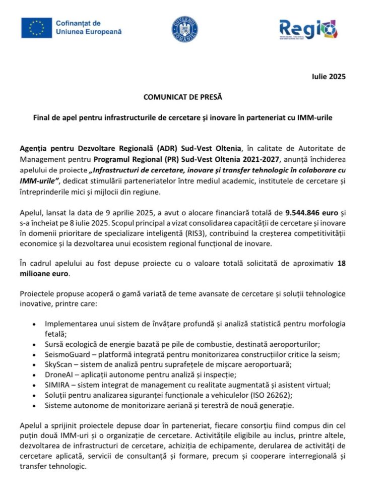 Final de apel pentru infrastructurile de cercetare și inovare în parteneriat cu IMM-urile