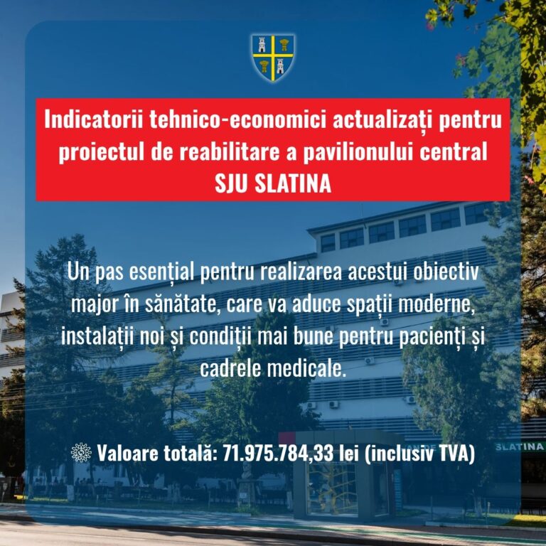 Investiție majoră la SJU Slatina. Peste 70 de milioane de lei pentru reabilitarea pavilionului central