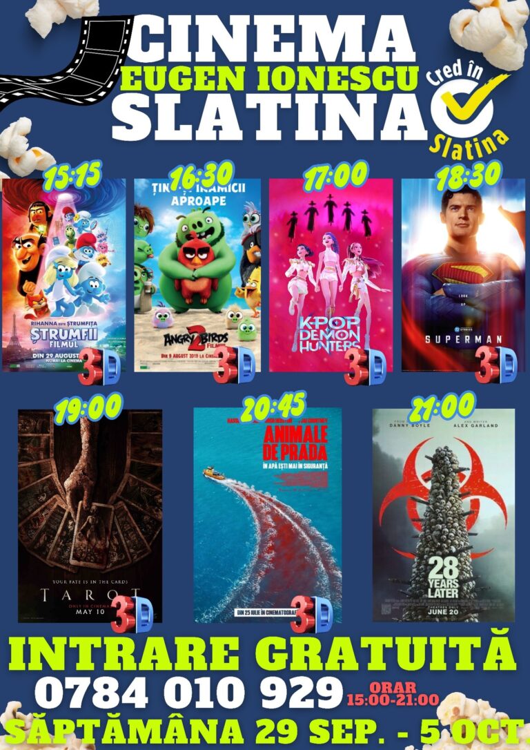 Cinema „Eugen Ionescu” Slatina. Proiecții gratuite și premiere pe marele ecran