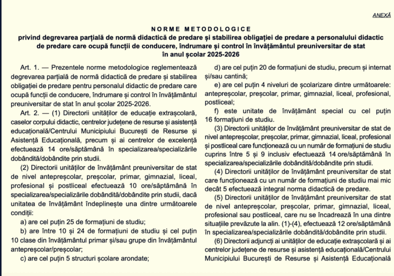 OFICIAL Directorii de școli, grădinițe și liceu vor avea normă didactică de predare 10 ore pe săptămână în anul 2025-2026, dacă îndeplinesc anumite condiții