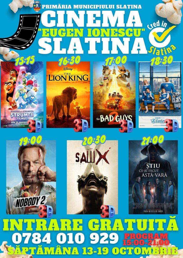 Săptămâna filmelor gratuite la Cinema „Eugen Ionescu” Slatina. Aventuri pentru cei mici și adrenalină pentru cei mari!