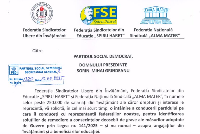 Sindicatele din educație au solicitat o întâlnire de urgență cu liderii partidelor din coaliția de guvernare, în urmă cu două săptămâni, pentru soluții la „efectele dezastruoase” ale Legii Bolojan. Niciun răspuns până acum – surse